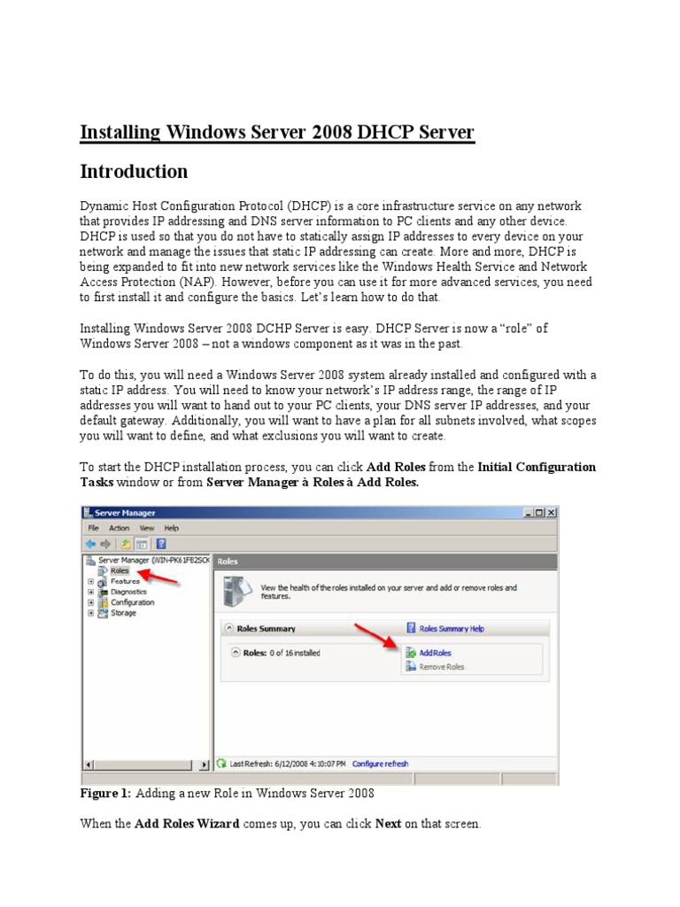Installing Windows Server 2008 DHCP Server: Tasks window or from Server ...