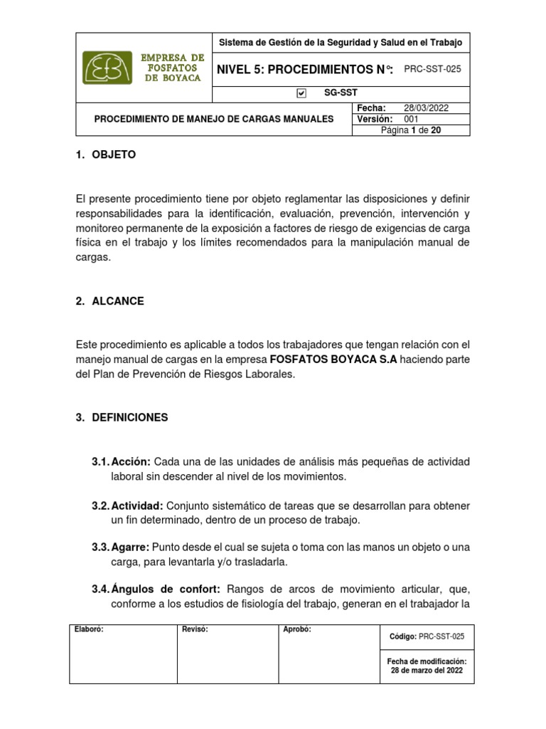 Procedimiento para Manejo de Cargas Manuales | PDF | Fuerza | Factores ...