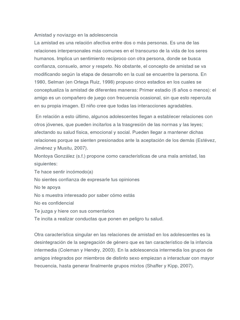 Amistad y noviazgo en la adolescencia | PDF | Relaciones ...