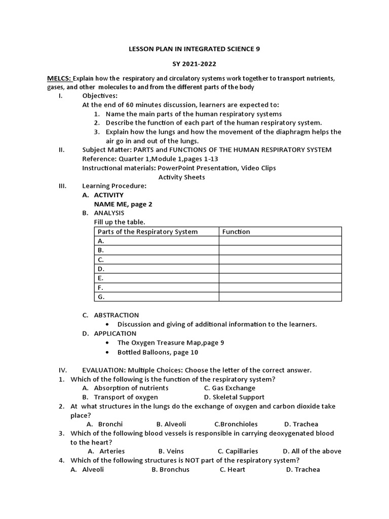 Lesson Plan Respiratory System | Download Free PDF | Respiratory System ...