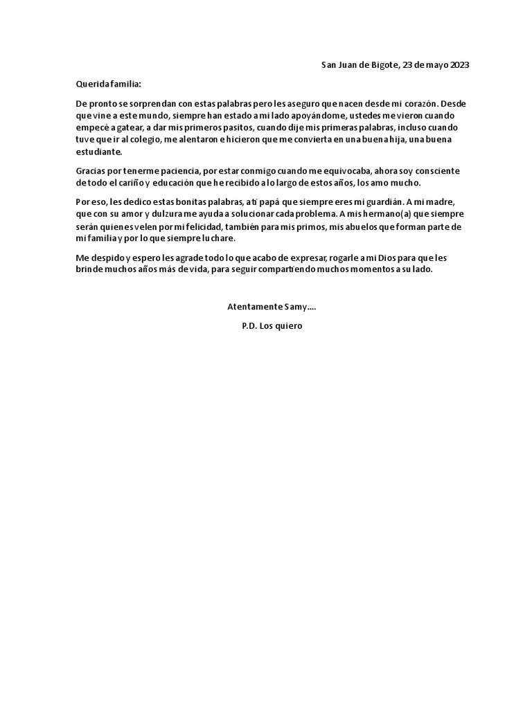 Carta de agradecimiento familiar | PDF | Cocina, comidas y vino | Salud ...