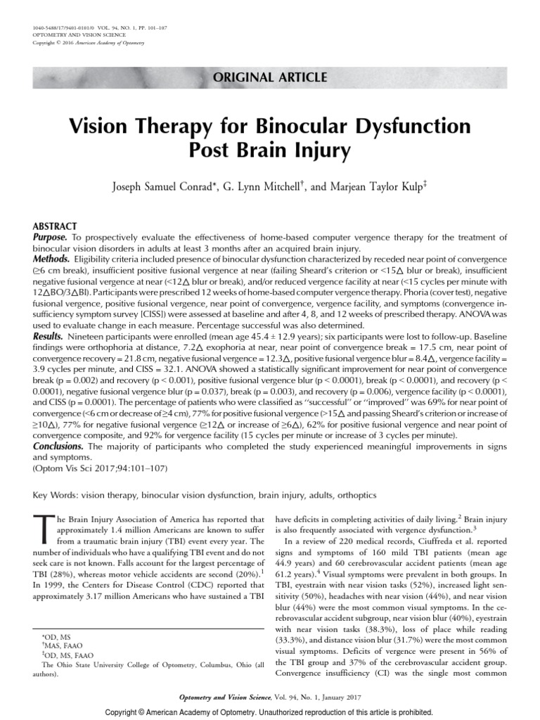 Vision Therapy For Binocular Dysfunction PDF Traumatic Brain Injury