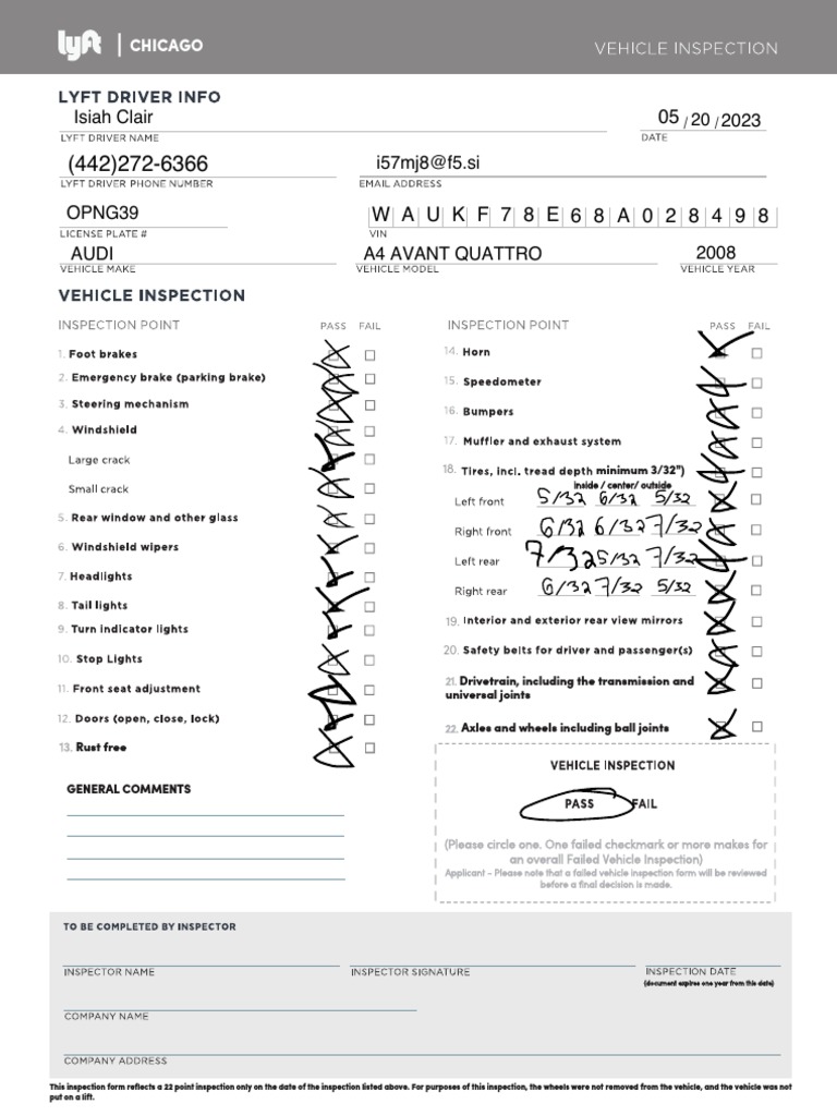 2020 Lyft Chicago Inspection Form PDF