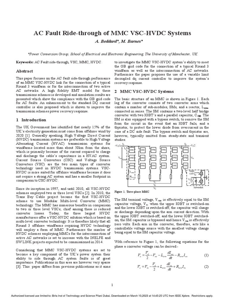 AC Fault Ride-Through of MMC VSC-HVDC Systems | PDF | High Voltage ...