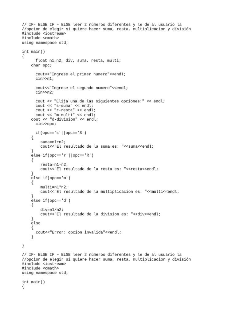 Calculadora en C++: Suma, Resta, Multi, Div | PDF | Programación de ...