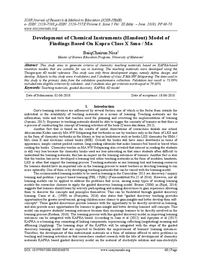 Development of chemical instruments handout model of findings based