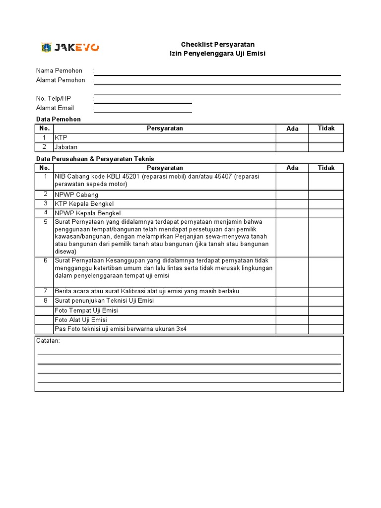 Checklist Tempat Uji Emisi | PDF