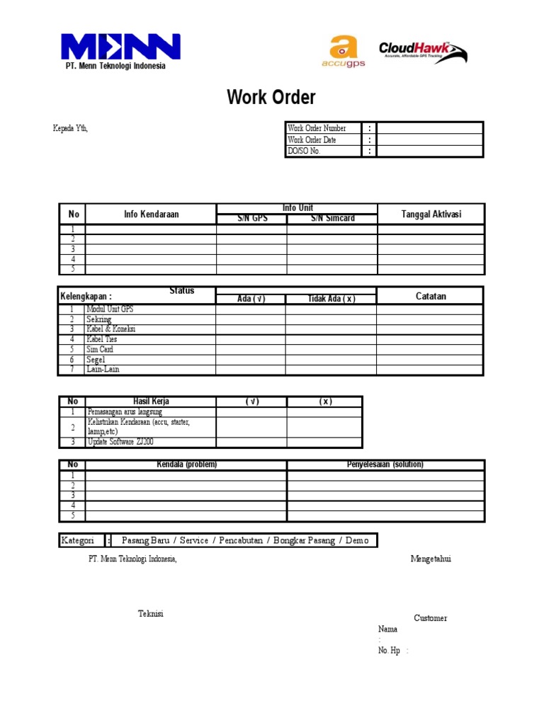 Formulir Work Order PT. Menn Teknologi | PDF