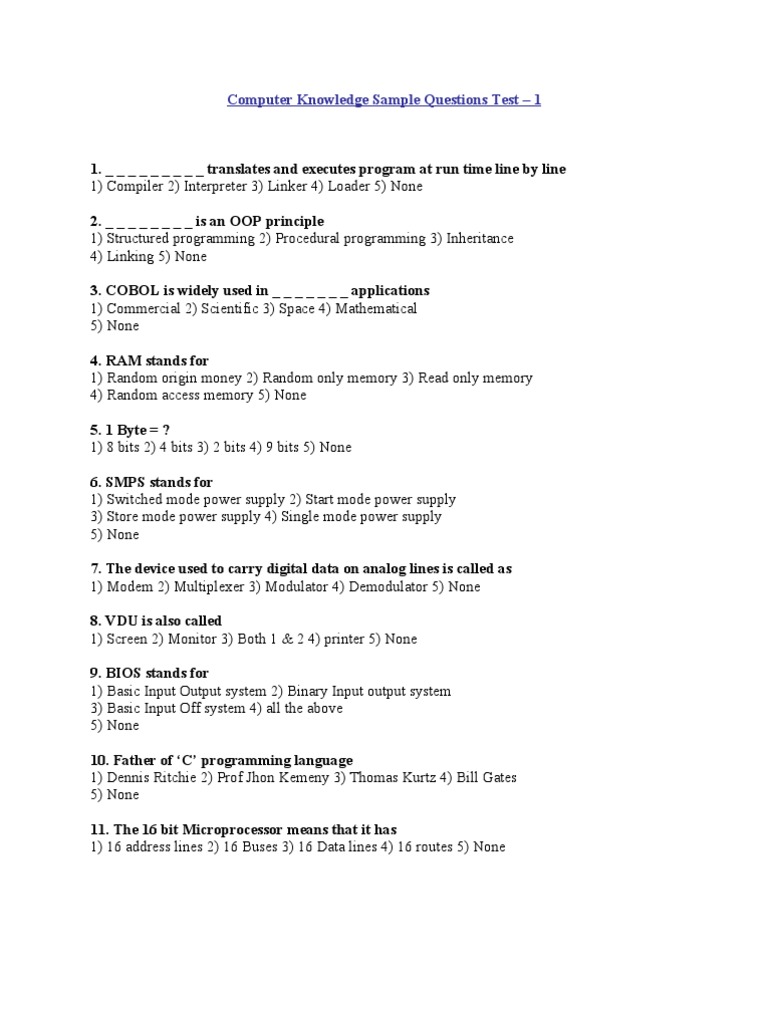 Computer Knowledge Sample Questions Test | PDF | Operating System ...