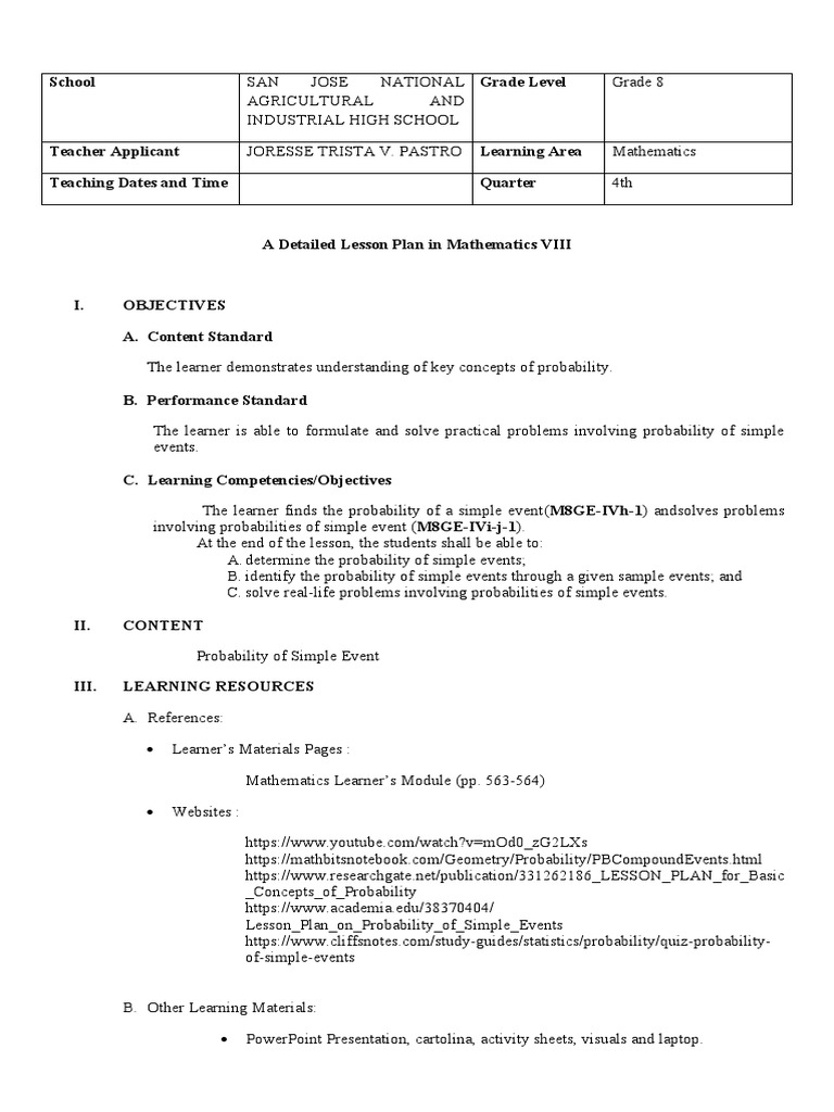 Simple Event Probability Lesson Plan | PDF | Probability | Numbers