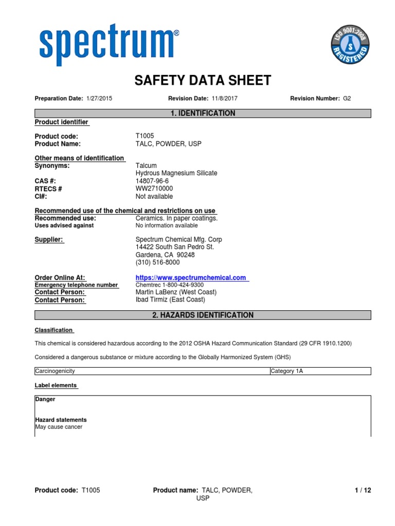 Talcum Powder (All Brands) 11817 PDF Silicon Dioxide Dangerous
