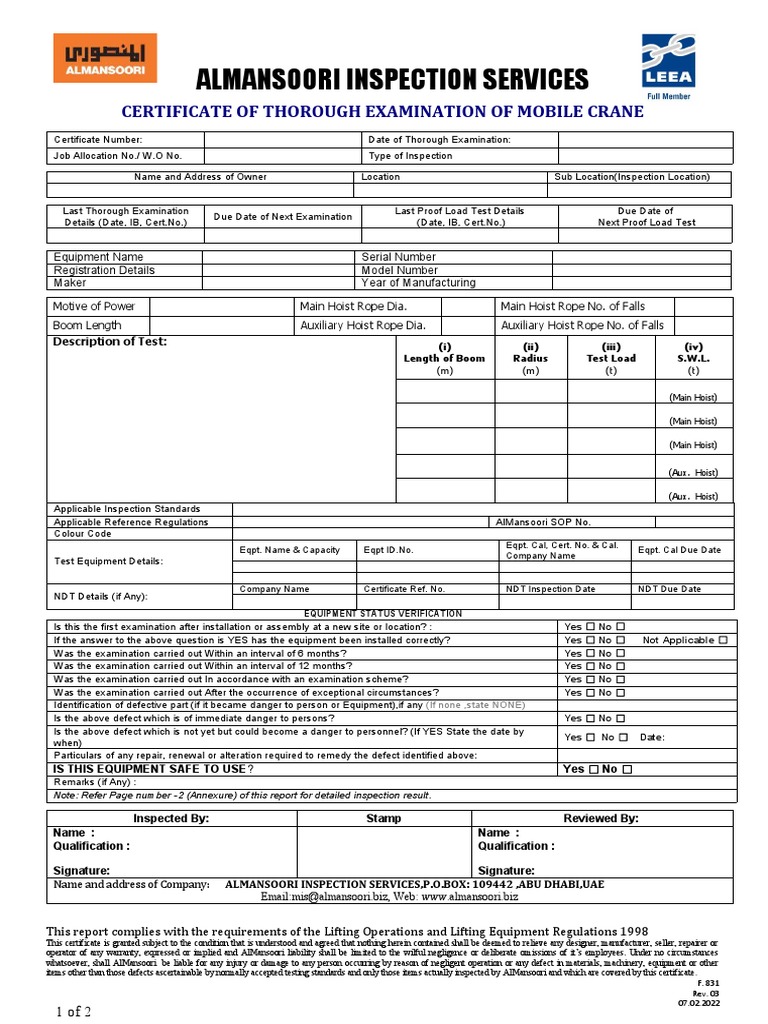 Mobile Crane Inspection Certificate | PDF | Crane (Machine ...
