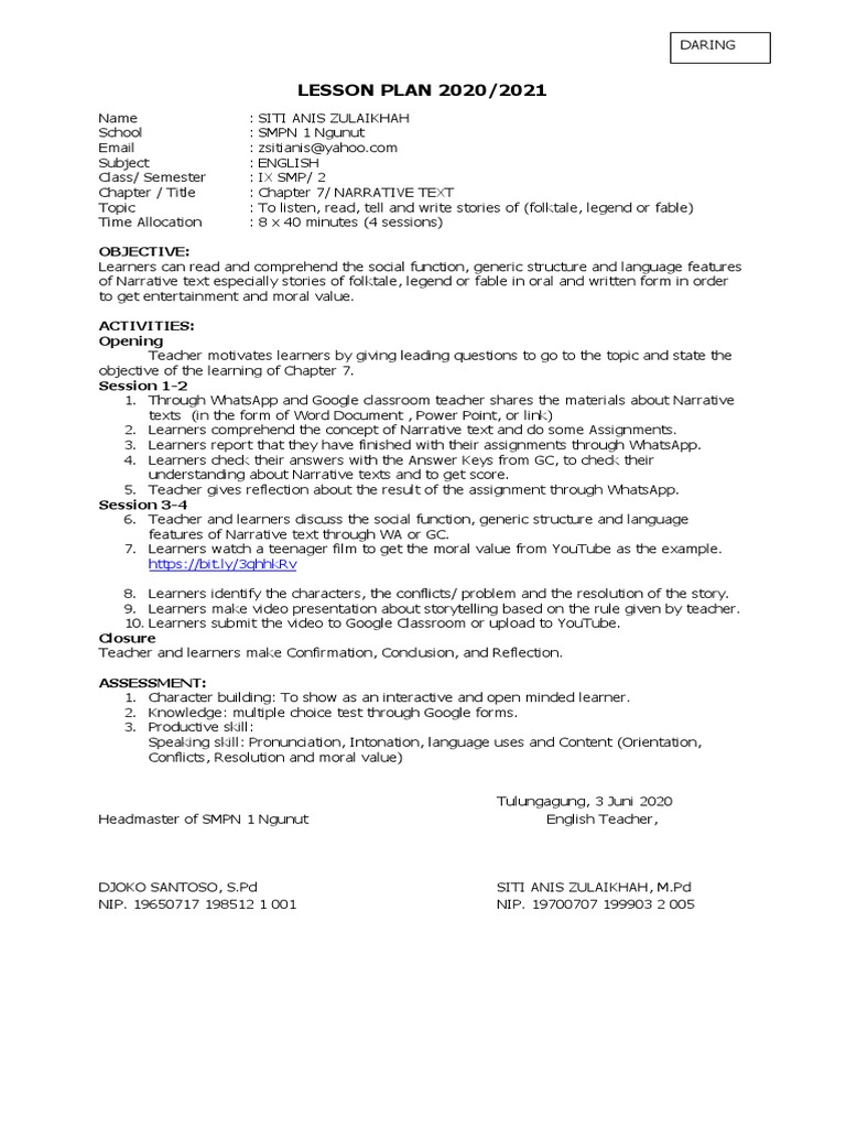 Grade 9 Narrative Text Lesson Plan | PDF | Narrative | Learning