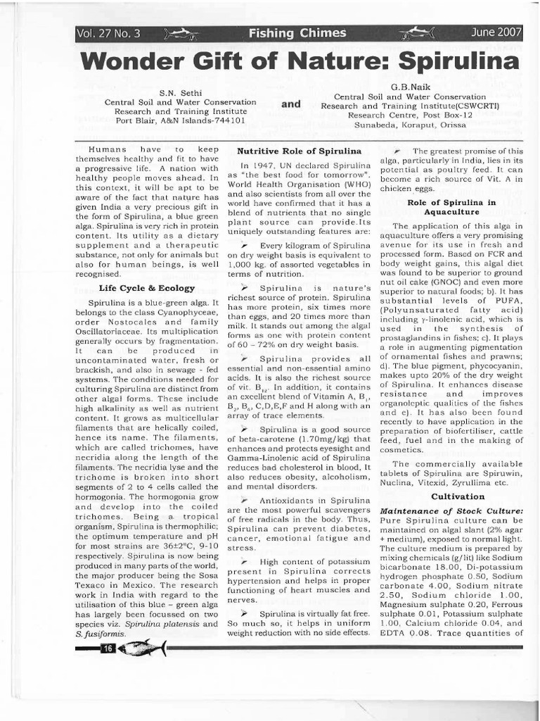Spirulina Opportunities and Cultivation PDF Algae Nutrition