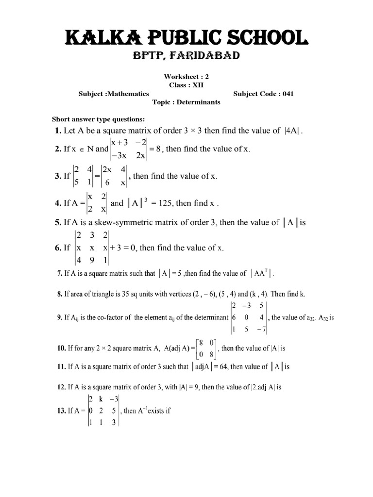 Worksheet 2 Class 12 Maths PDF