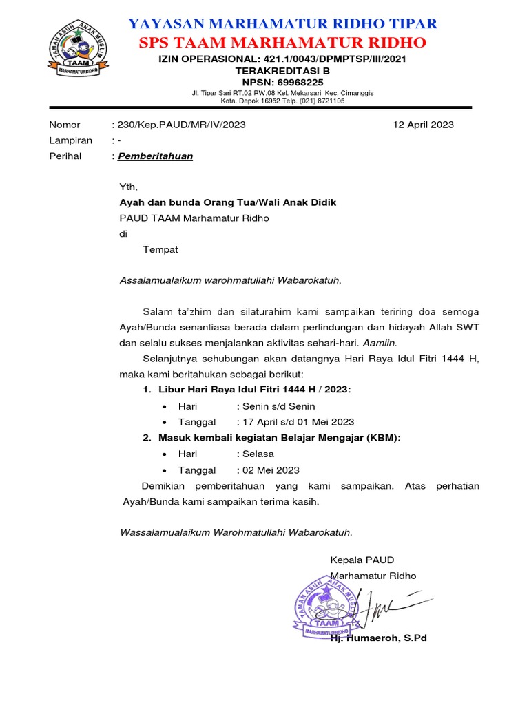 Surat Pemberitahuan Libur Hari Raya Idul Fitri 2023 PDF