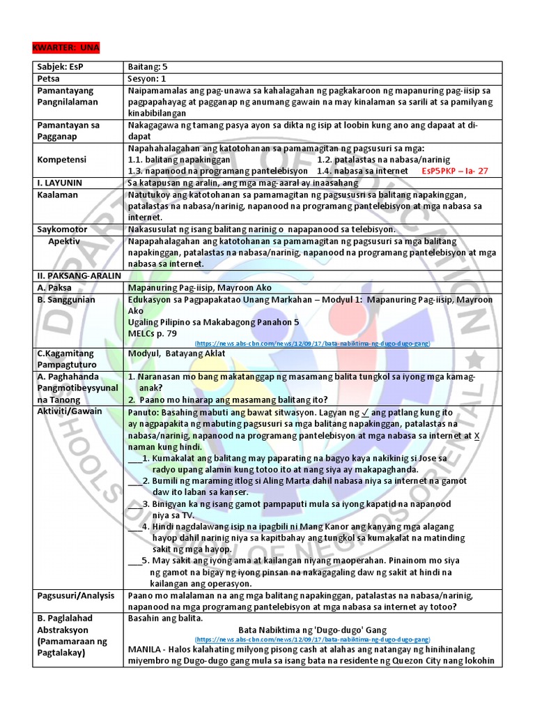 Dlp Esp5 Q1 M1 Sesyon1 4 Pdf