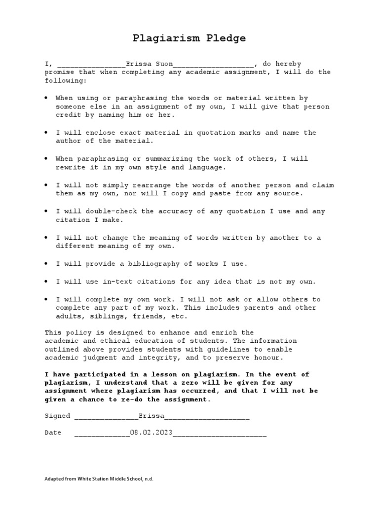 Plagiarism pledge pdf