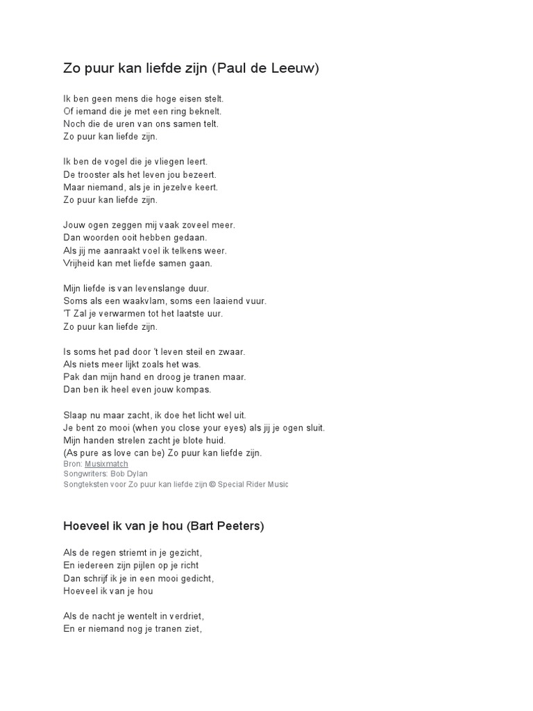 Songtekesten - Zo Puur Kan Liefde Zijn - Hoeveel Ik Van Je Hou | PDF, image size:768x1024