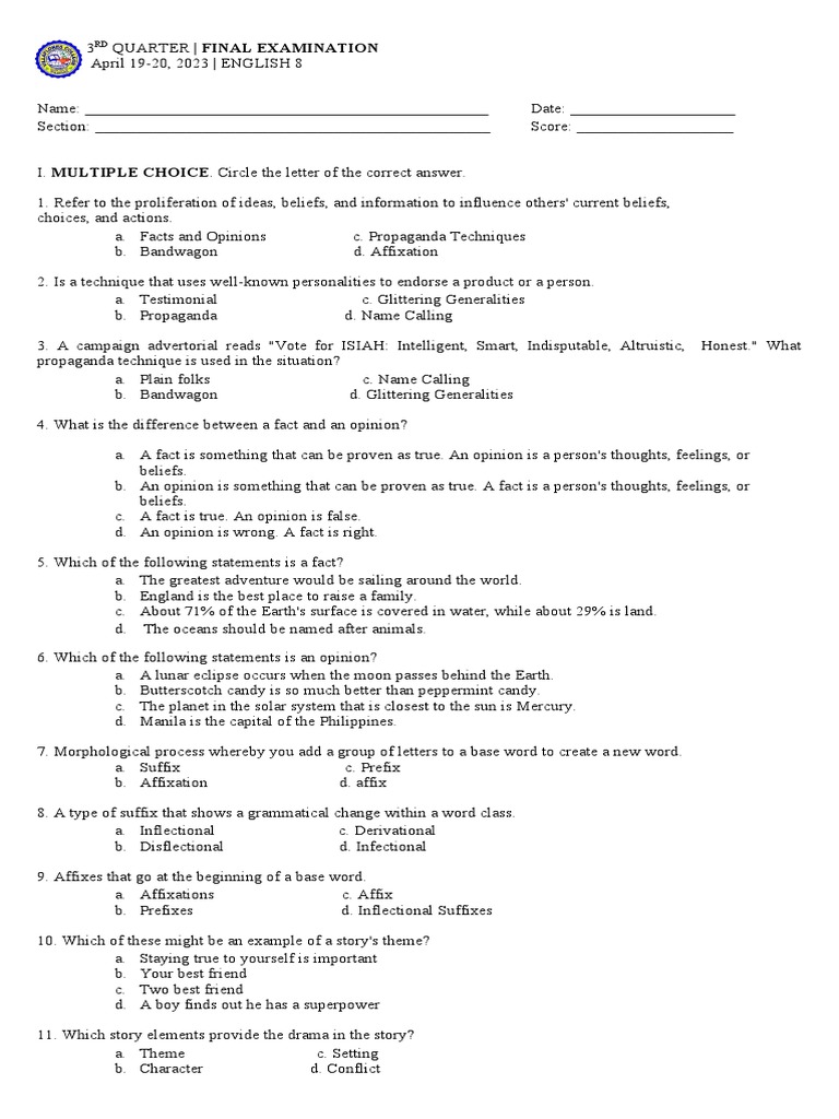 Grade 8 English Exam Answer Sheet 2023 | PDF | Verb | Language Mechanics
