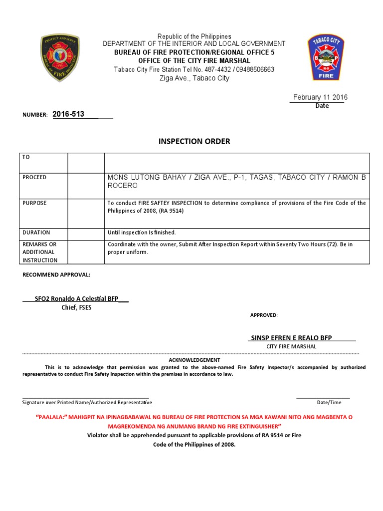 Inspection Order Business | PDF | Fire Safety | Hazards
