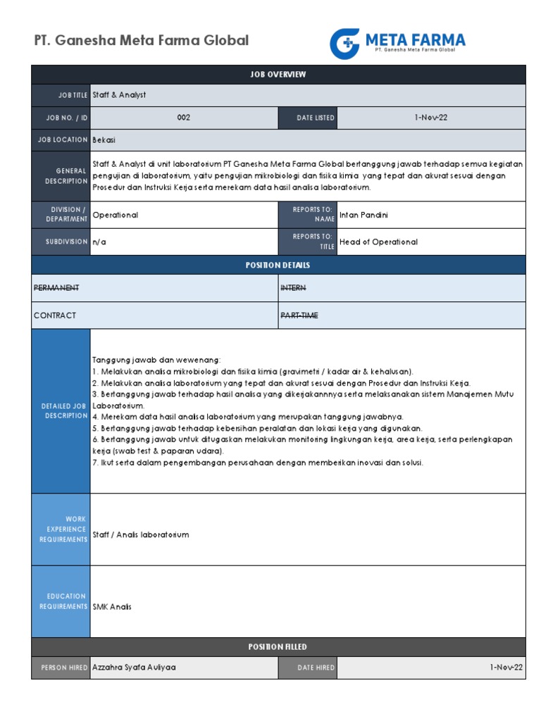 Meta Farma Job Description Form Azzahra - XLSX Job Description Form ...