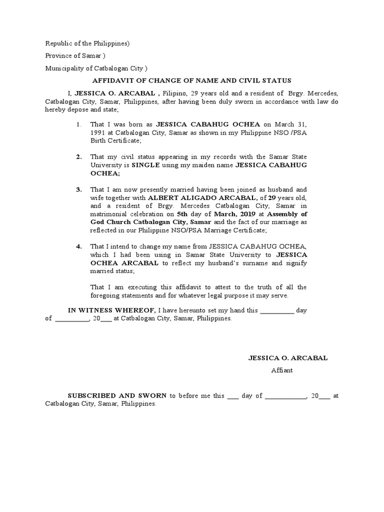 Change of status pdf affidavit marriage