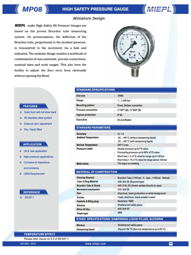 High Safety Pressure Gauge Miniature Design India Pressure Gauge PDF