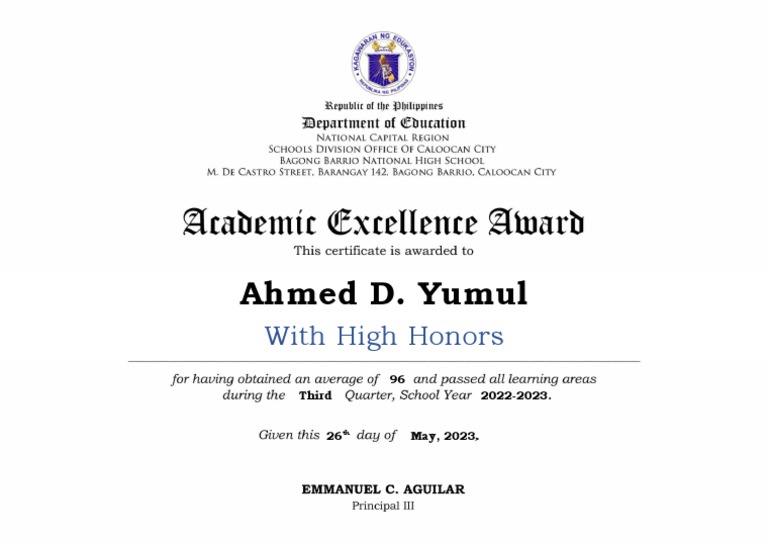 ACADEMIC EXCELLENCE AWARD CERTIFICATE With High Honors PDF