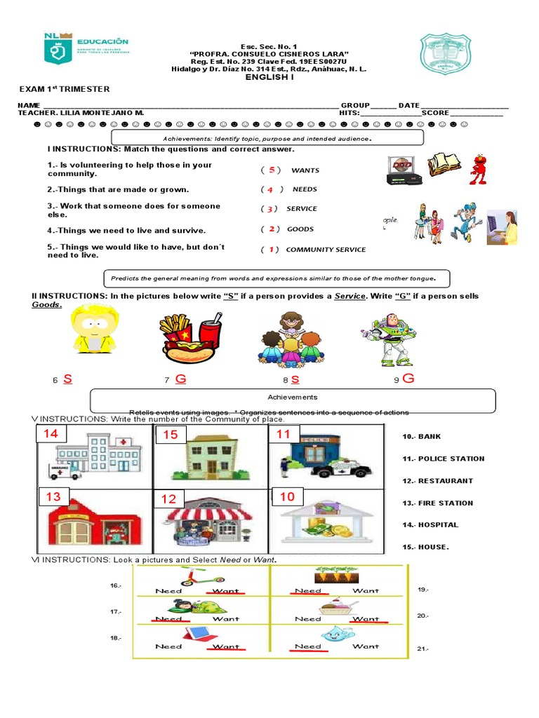 EXAMEN PRIMER TRIMESTRE INGLES 1°2°3° PROFRA doc PDF Meal Food