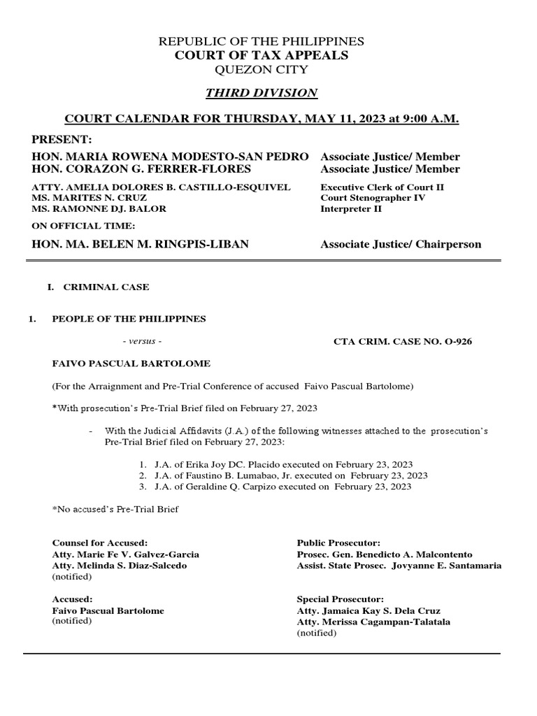 Court Calendar For Thursday, May 11, 2023 at 900 A.M. Republic of The