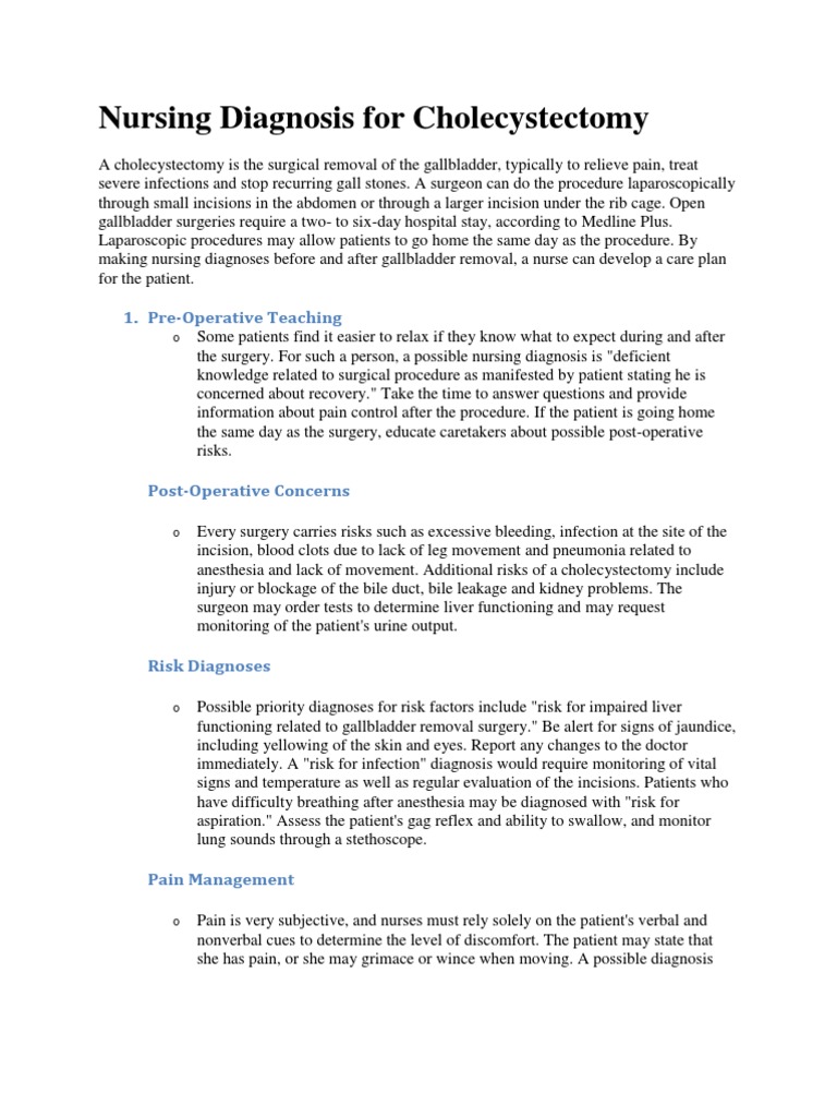 Nursing Care for Cholecystectomy Patients | PDF | Surgery | Medical ...
