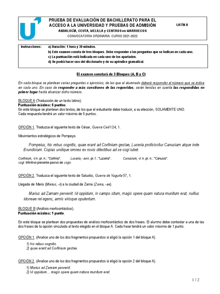 Examen de Latín II: Evaluación 2021-2022 | PDF