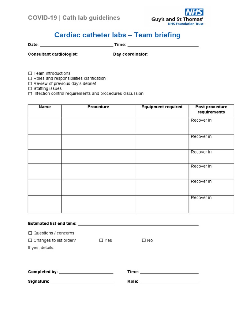Cath Lab Team Briefing Guidelines | PDF