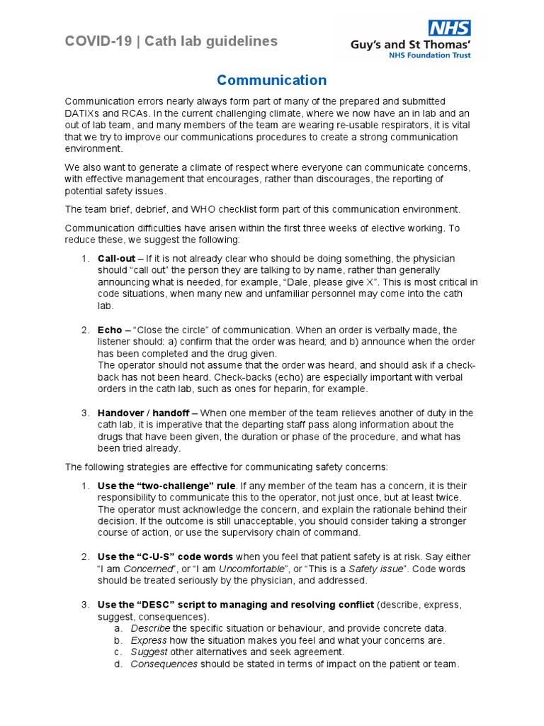 COVID-19 Cath Lab Communication Guidelines | PDF | Medicine | Health Care