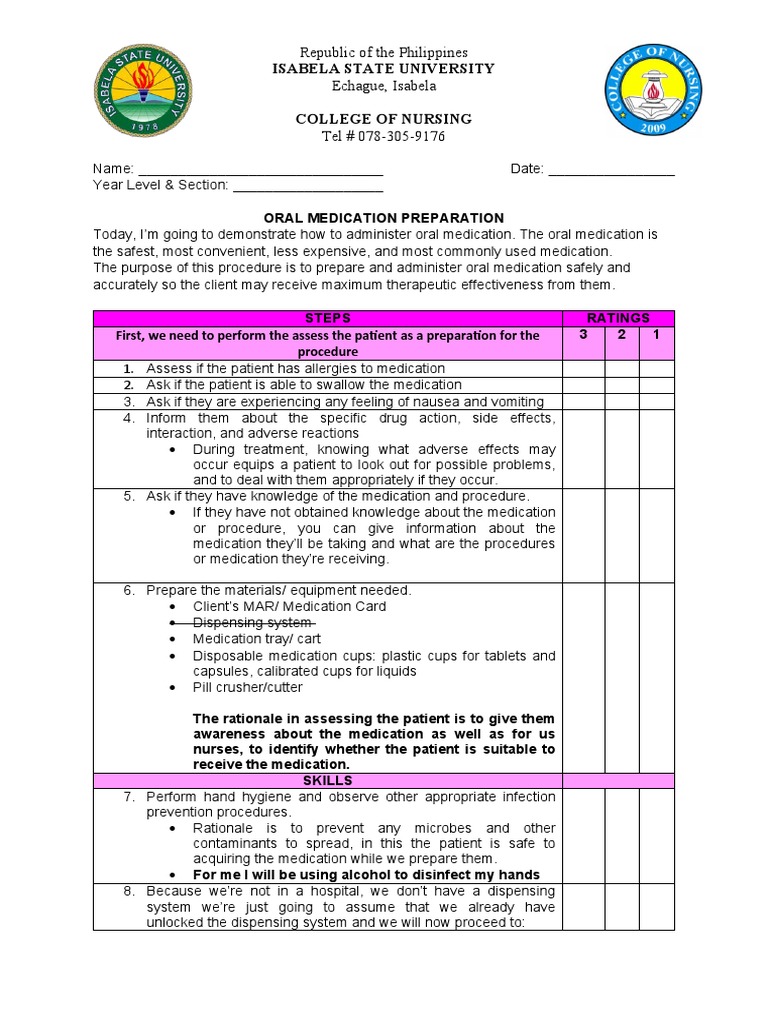 Oral Medication Administration Checklist 1 PDF Tablet (Pharmacy