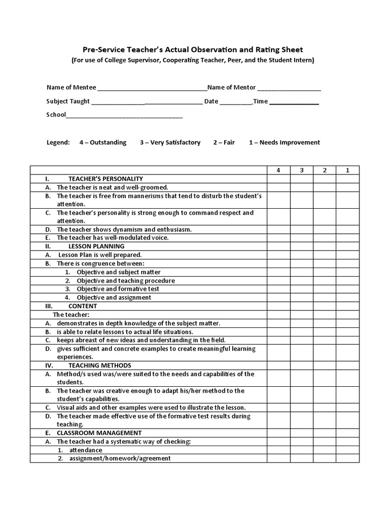Teacher Observation Rating Sheet | PDF | Teachers | Learning