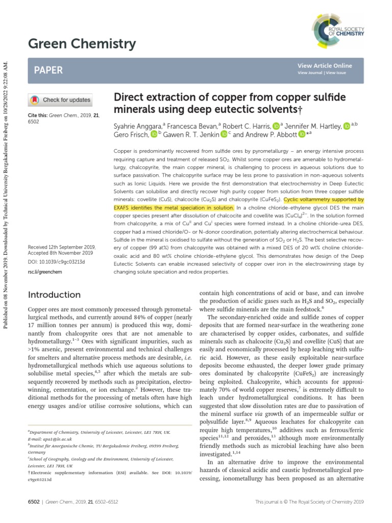 Green Solvent Copper Extraction | PDF | Copper | Chemistry