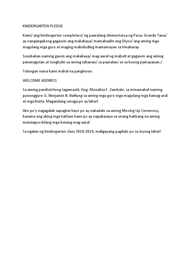 Kindergarten Pledge and Address Tagalog 1 PDF
