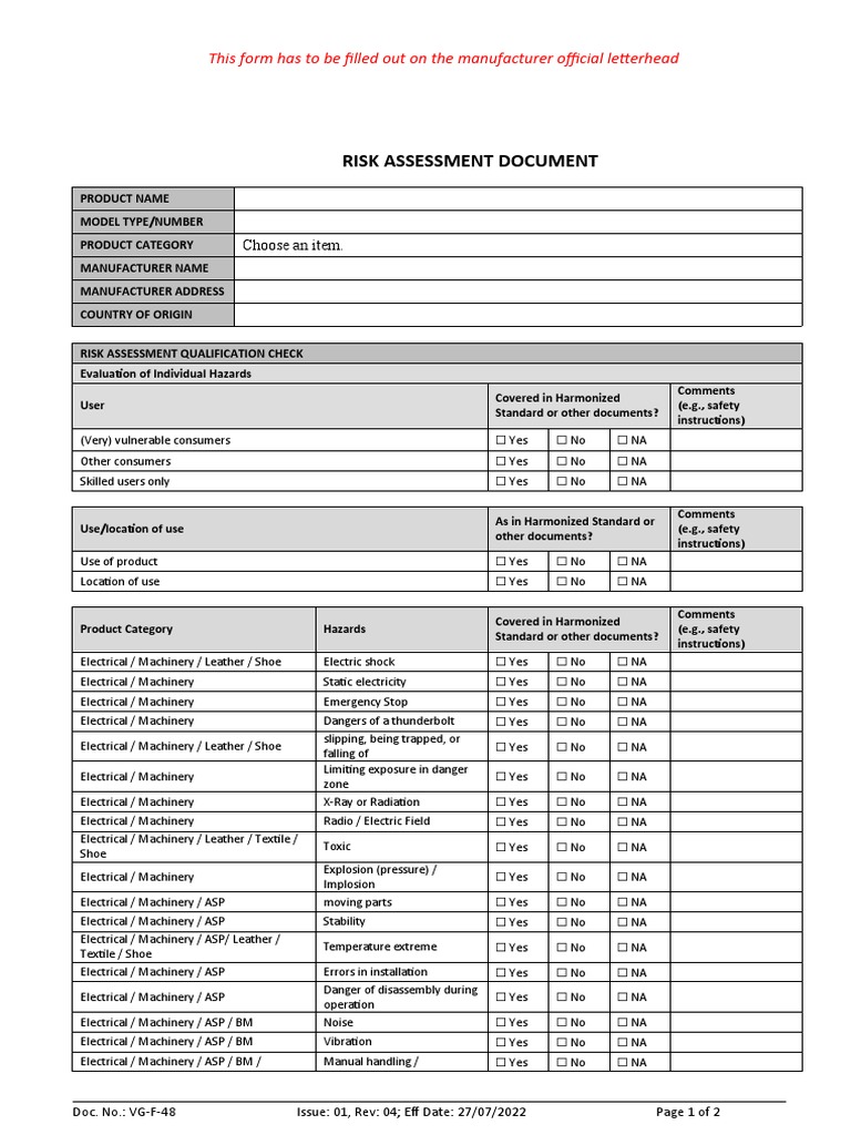 Risk Assessment Form for Products | PDF | Risk Assessment | Safety