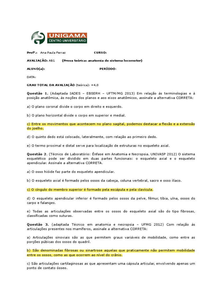 Prova Anatomia Ab1 Pdf Esqueleto Osso