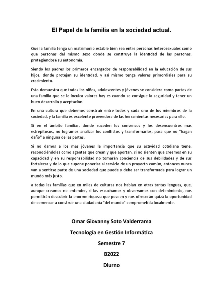 El papel de la familia en la sociedad actual | PDF | Estudios de ...