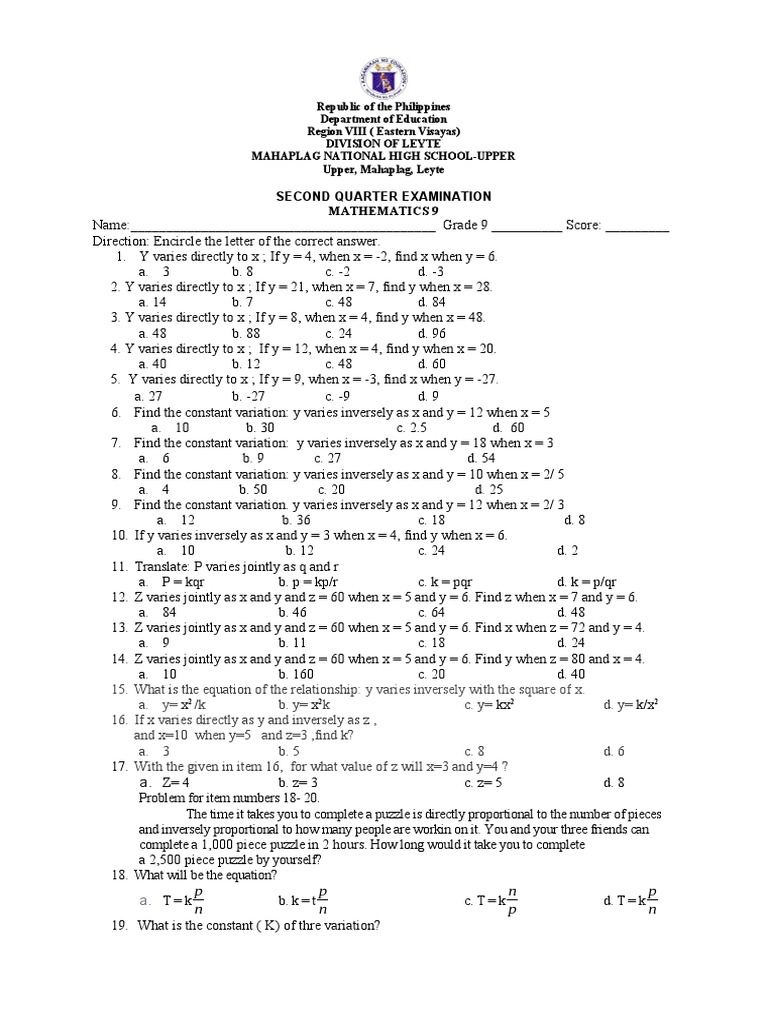 Grade 9 2nd Quarter Math Exam | PDF | Mathematics