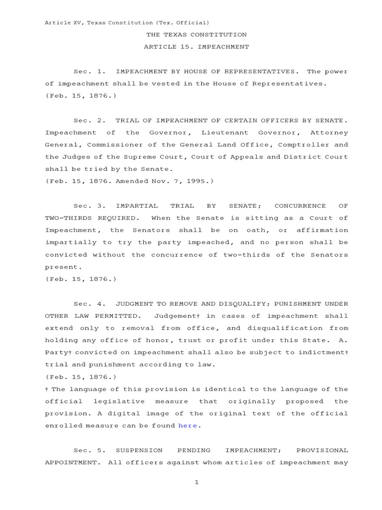 Texas Constitution Impeachment PDF Impeachment United States