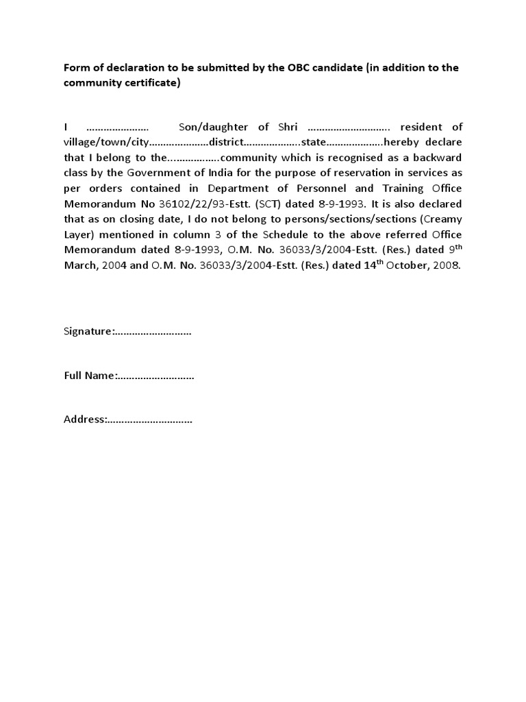 Form of Declaration To Be Submitted by The OBC Candidate | PDF
