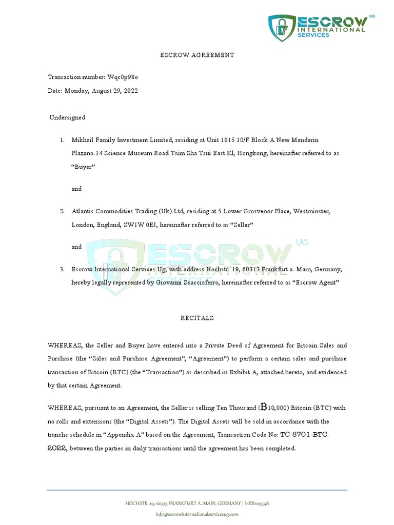 Signed Copy Escrow Agreement Escrow International Services Ug | PDF |  Indemnity | Sales