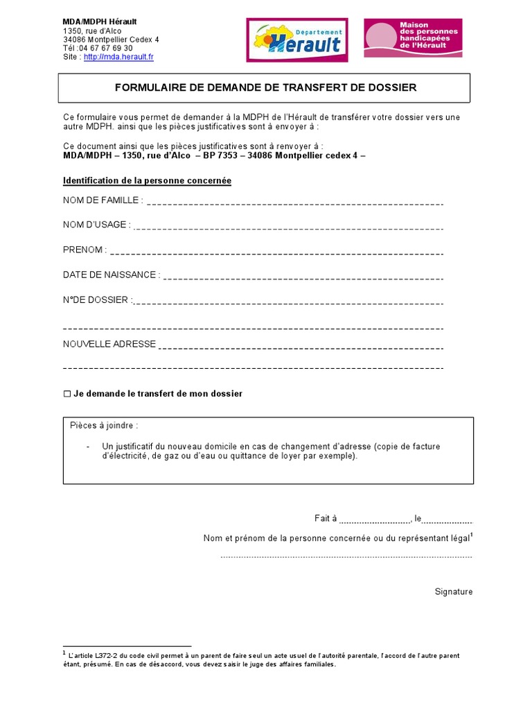 Formulaire de Demande de Transfert de Dossier PDF