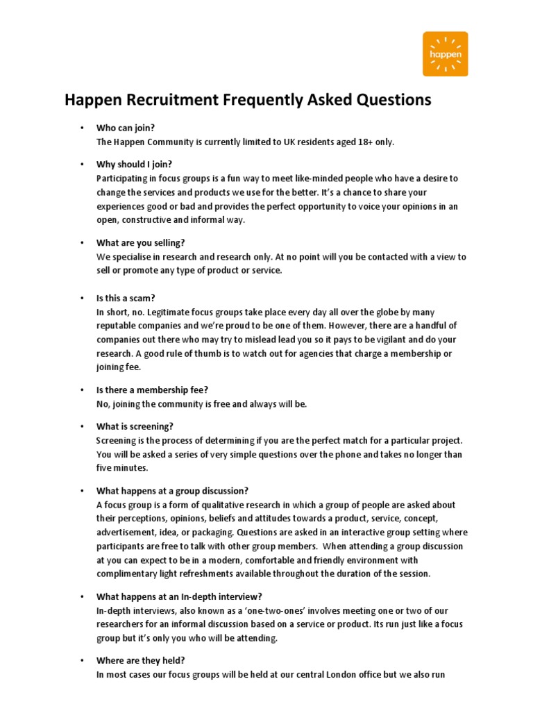 Happen Recruitment FAQs for Participants | PDF | Focus Group ...