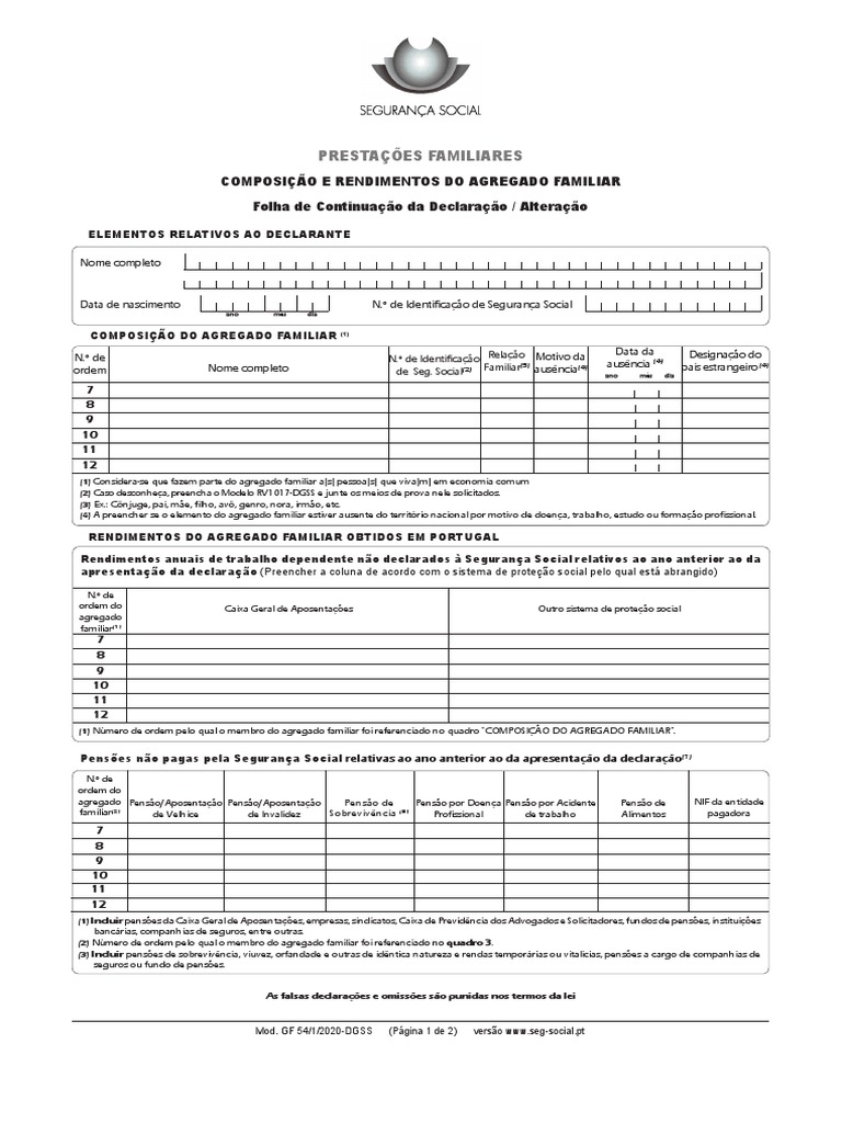 Preenchimento do Formulário GF 54/1 | PDF | Bem-estar social | Família
