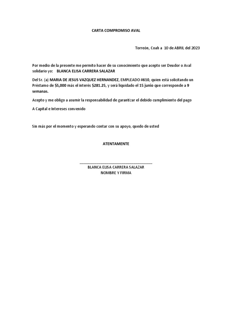 Carta Compromiso Aval | PDF